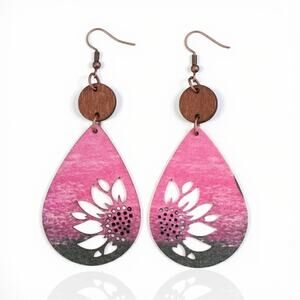 Pink Sunflower Wooden Dangle Earrings Retro Western Boho 3.6" New